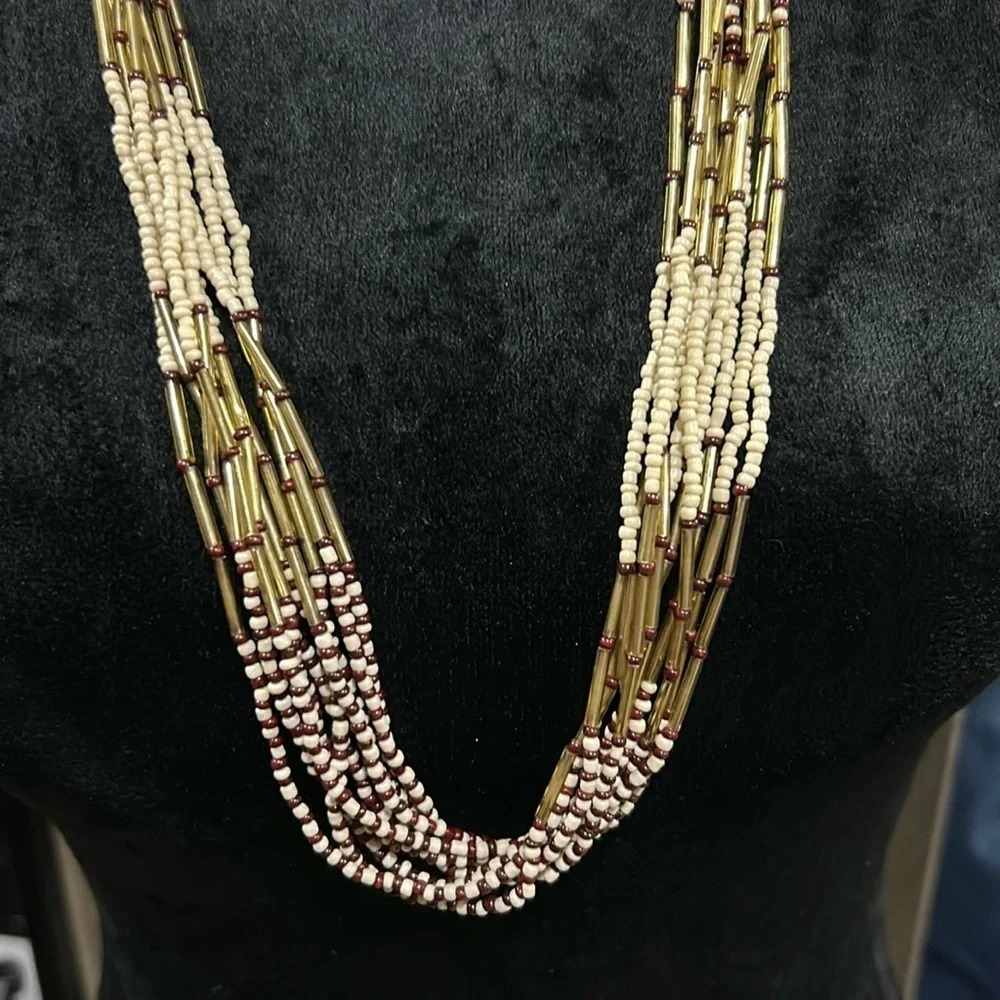 Multi Strand Woven & Beaded Long Necklace‎ Red White & Gold